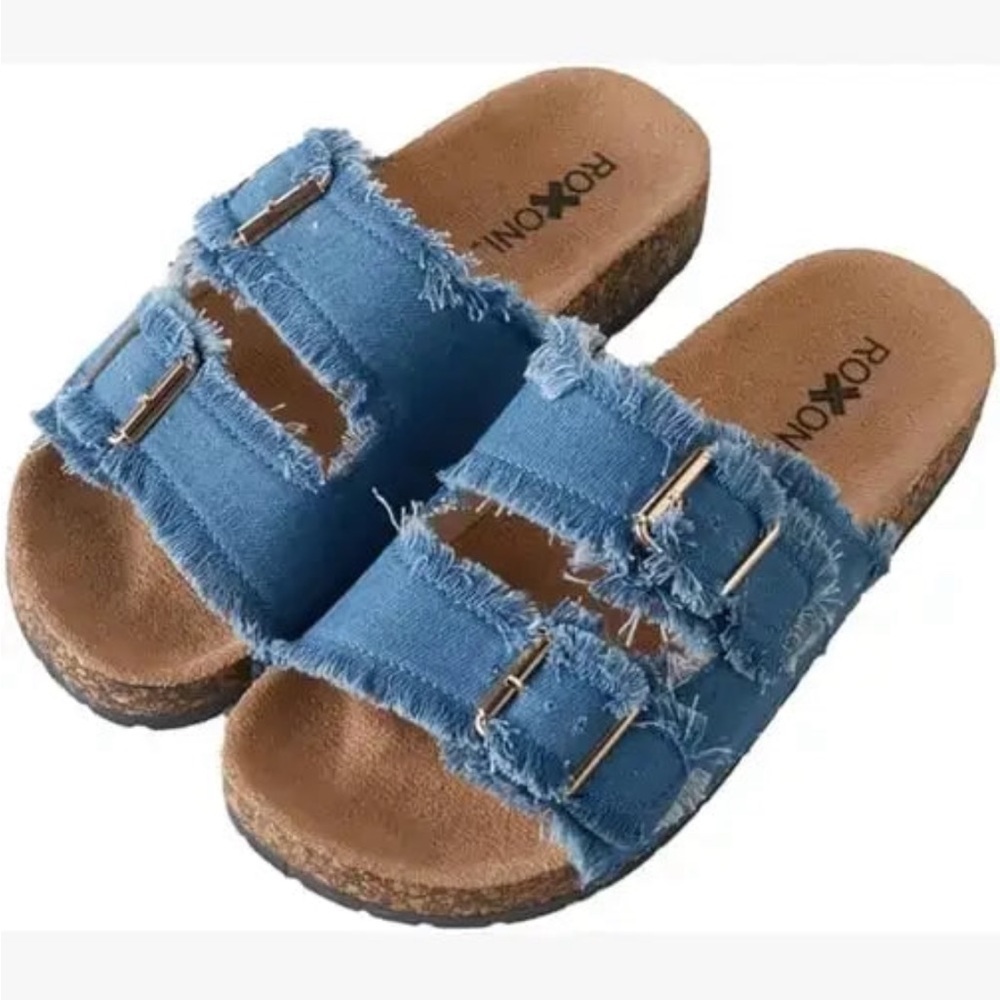 Roxoni Blue Women's Comfort Flat Double Buckle Adjustable Straps Sandals